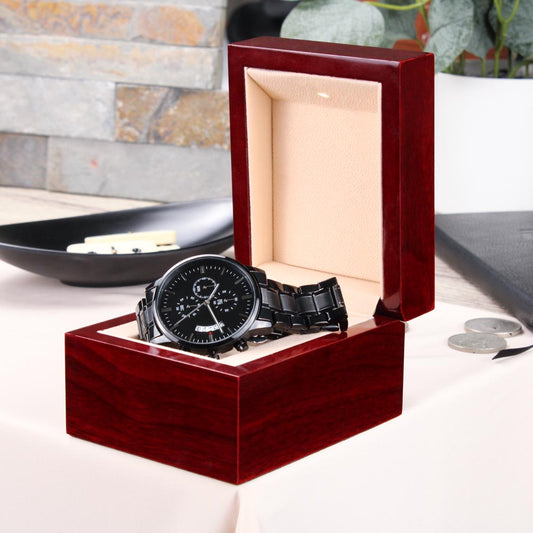 Elegant Custom Engraved Black Chronograph Watch with Stainless Steel and Luxury Copper Dial, Perfect Gift